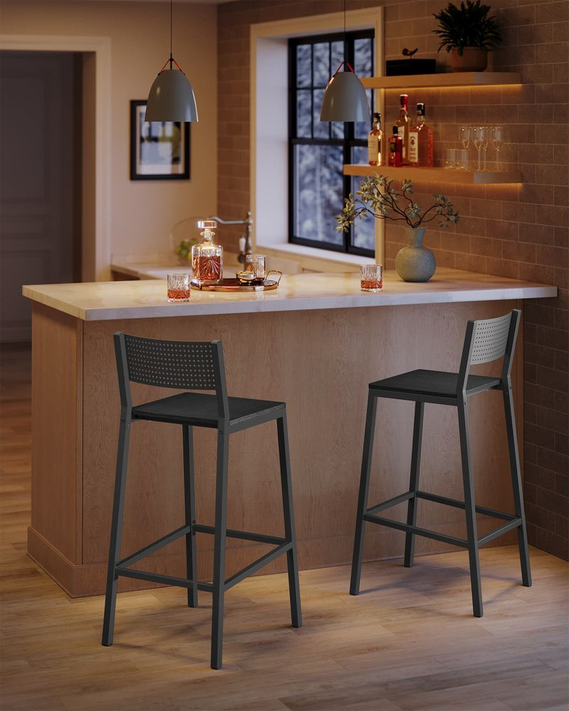 VASAGLE Industrial Bar Stools, Set of 2, Rustic Brown, 28.5" Seat, Ergonomic Backrest