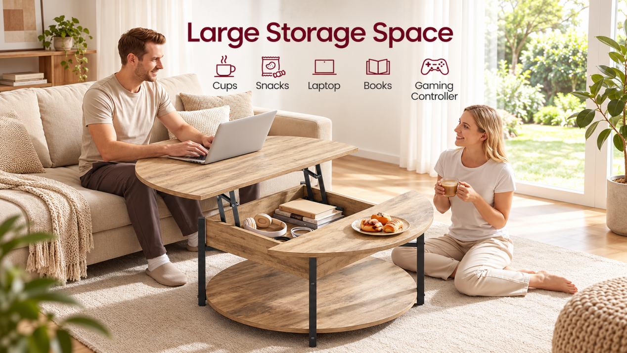 Adjustable height coffee table with hidden storage for laptops, books, and everyday essentials.