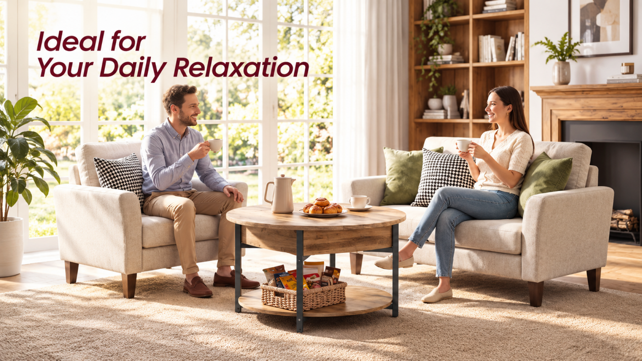 SONGMICS round coffee table with open storage, ideal for daily relaxation and casual living room use.