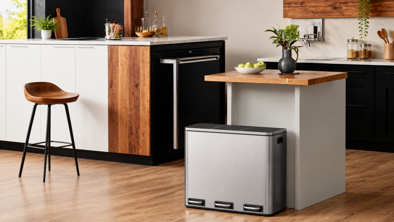 SONGMICS HOME 3-compartment stainless steel trash can in a modern kitchen.