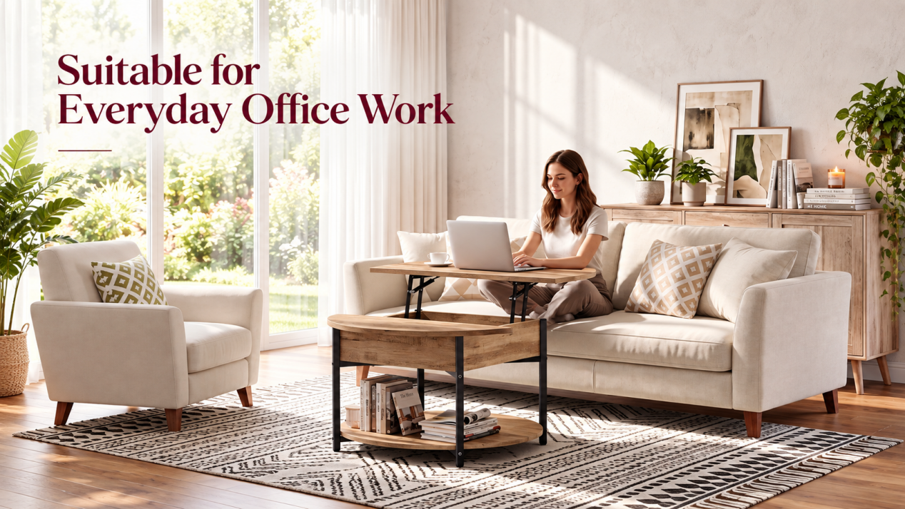 Woman working on a laptop at a Songmics adjustable-height coffee table in a bright living room.