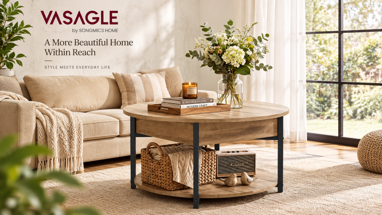 SONGMICS Barnet round coffee table featuring retro-industrial styling and an open storage shelf in a modern living room.